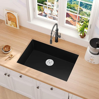 Rhbamoa 31 Inch Black Kitchen Sink,Matte Black Granite Composite Undermount Kitchen Sink,9 Inch Depth Single Bowl Quartz Sinks with Accessories
