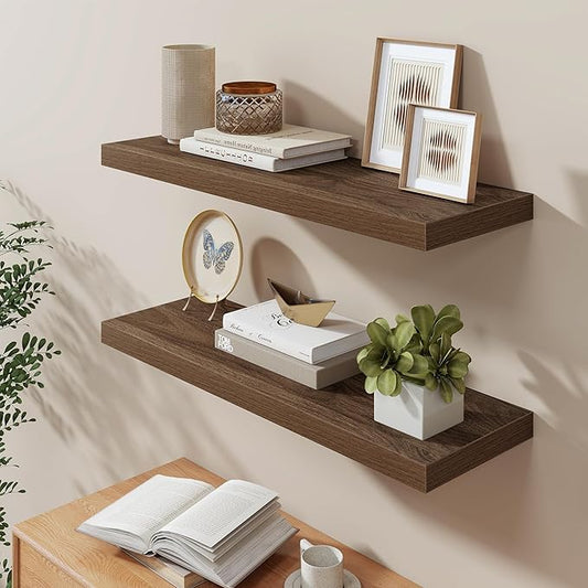 36"W x 9.3"D Floating Shelves for Wall, Wall Mounted Bathroom Shelves 2 Pack Deep Floating Shelf for Bedroom Kitchen Living Room, Rustic Wooden Wall Shelf with Invisible Bracket for Books Decor
