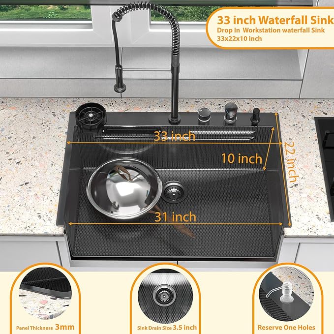 33x22 inch Waterfall Kitchen Sink Metal Black -Feibus 33inch Drop In Sink with Faucet Combo Double Step Workstation16 Gauge Multifunctional Stainless Steel Single Bowl