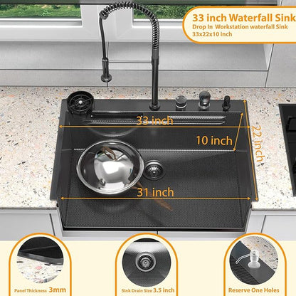 33x22 inch Waterfall Kitchen Sink Metal Black -Feibus 33inch Drop In Sink with Faucet Combo Double Step Workstation16 Gauge Multifunctional Stainless Steel Single Bowl
