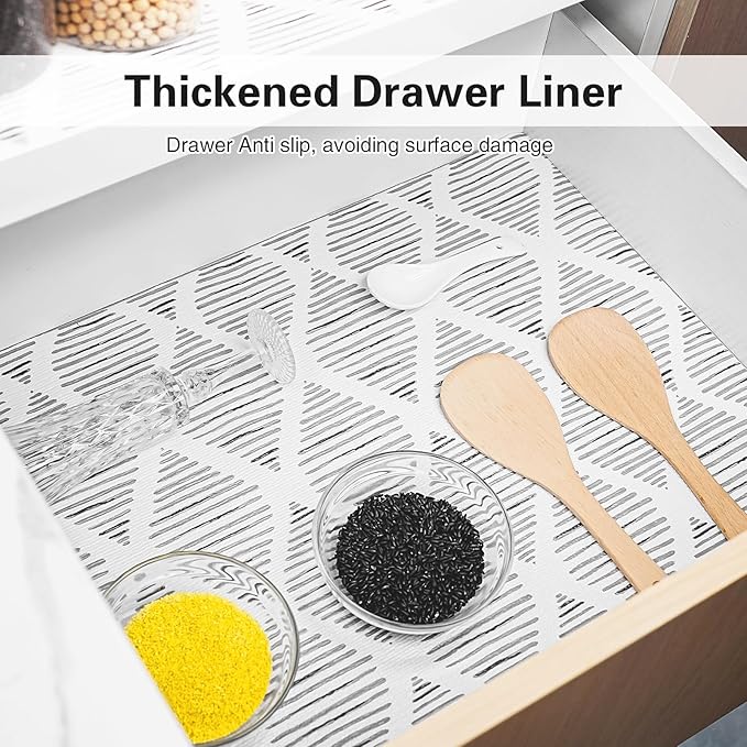 Drawer and Shelf Liner for Kitchen Cabinet,Non-Adhesive Cabinet Liner 24in x 30FT,Waterproof Shelf Paper Non-Slip Mats Cupboard Liner Contact Protect Dresser/Shelves/Table-Square Stripes