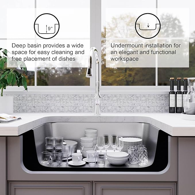 Undermount Kitchen Sink - 32 x18 x 9 Inch Stainless Steel Single Bowl Kitchen Sink, Large and Deep Round Corner Undermount Sink with Drain Assembly