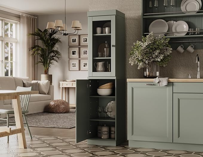 Palace Imports Solid Wood Kitchen Pantry - Narrow Storage Cabinet - 16.5" Wide x 71.5" Tall - 1 Raised Panel & 1 Glass Door, Sage, Adjustable Shelves, 100% Eco-Friendly Wood, Modular Cabinets