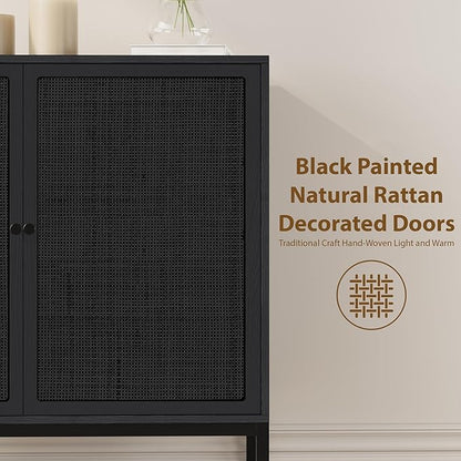 Yechen Black Rattan Buffet Cabinet with Storage, Sideboard Cabinet with Natural Rattan Decorated Doors, Accent Cane Credenza, Wooden Coffee Bar, for Living Room Entryway Kitchen, Metal Legs