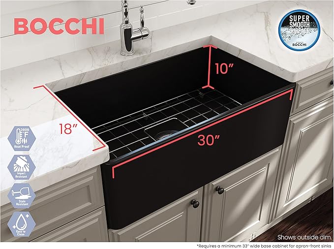 BOCCHI Classico Farmhouse Apron Front Fireclay 30 in. Single Bowl Kitchen Sink with Protective Bottom Grid and Strainer in Matte Black