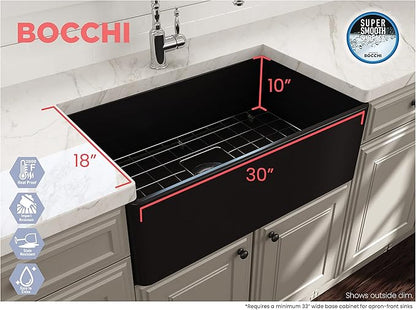 BOCCHI Classico Farmhouse Apron Front Fireclay 30 in. Single Bowl Kitchen Sink with Protective Bottom Grid and Strainer in Matte Black