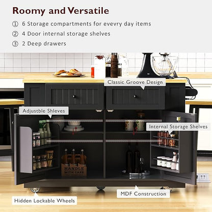 Ball & Cast 48" Large Kitchen Island with Power Outlet,Rolling Kitchen Cart on 5 Wheels W/Drop Leaf and 5 Open Side Racks,Kitchen Storage Cart W/Adjustable Shelf,for Kitchen,Dining Room,Black