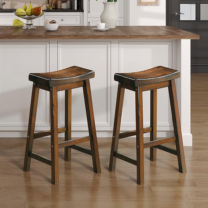 Lexicon Finnian Saddle Solid Wood Bar Height Bar Stool Set of 2 - Saddle Kitchen Stool Dining Height Stools for Dining, Armless Counter Chair Seating, Perfect Casual - 28.5" SH Distressed Cherry