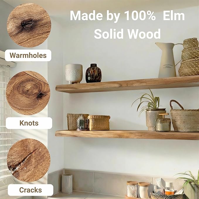 PERFNIQUE 36 Inch Floating Shelves Set of 2, Solid Elm Wood Rustic Live Edge Wall Decor Shelves - Invisible Bracket Mount for Living Room, Kitchen, Bathroom, Natural.