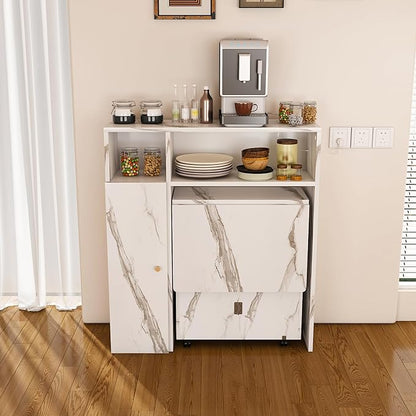 Multifunctional Convertible Dining Table Console Cabinet Workstation with Integrated Outlet Storage Shelves Silent Locking Wheels Space-Saving Foldaway Tabletop for Apartment Kitchen Home (White)