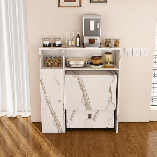 Multifunctional Convertible Dining Table Console Cabinet Workstation with Integrated Outlet Storage Shelves Silent Locking Wheels Space-Saving Foldaway Tabletop for Apartment Kitchen Home (White)