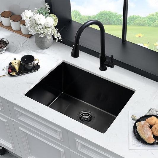 Black Undermount Laundry Sink -HLBLFY 24x18x12 Inch Black Stainless Steel Laundry Room Sink Undermount Utility Sink 16 Gauge Single Bowl Deep Kitchen Sink with Roll Up Rack