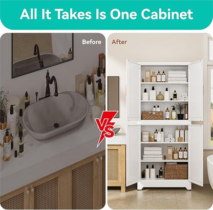 75" H Metal Storage Cabinet,31.5" Wide by 15.8" Deep Pantry Cabinet with 2 Adjustable Shelves,Farmhouse Cabinet for Bathroom Living Room Dining Room Kitchen,White