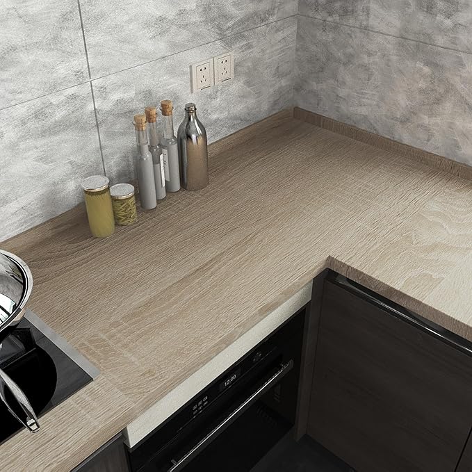 Boobest Light Brown Wood Wallpaper Peel and Stick Wood Grain Contact Paper Waterproof Removable Kitchen Cabinet Wallpaper 15.74"x 118" Wooden Vinyl Wrap Cabinet Covers Grey Oak Wooden Contact Paper