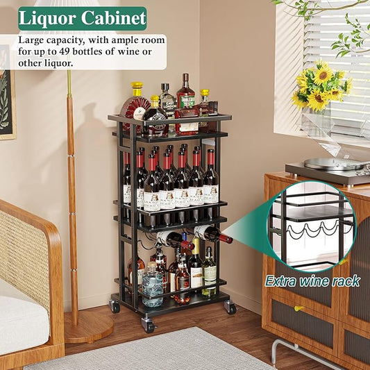 OKZEST 3-Tier Liquor Cabinet with Wine Rack, Mini Bar Cart for Home, Small Liquor Bar Cabinet for Alcohol, Rolling Kitchen Serving Cart on Wheels, Wine Drink Cart for Party, Bar Stand for Small Space