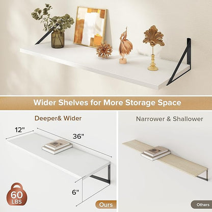 Acovy Deep Floating Shelves Wall Mounted, 36"x12" White Wall Shelves with Brackets Set of 2 for Bedroom, Living Room, Bathroom, Kitchen, Office - Storage & Display Shelf for Decor, Books, Plants