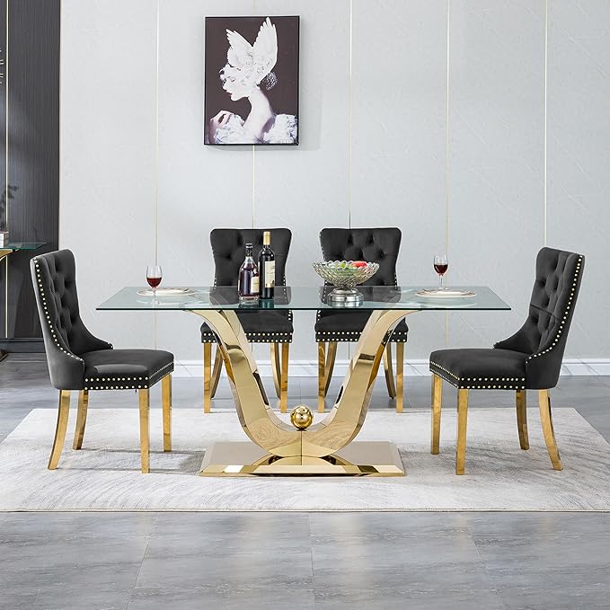 70" Glass Dining Table for 6-8, Modern Dining Room Table with 0.39" Tempered Glass Top and Dual U-Shaped Gold Stainless Steel Base, Rectangle Kitchen Dinner Table for Dining Room