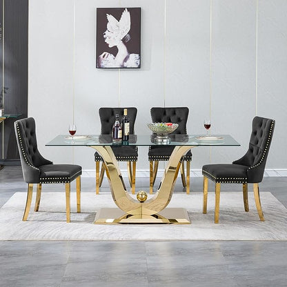 70" Glass Dining Table for 6-8, Modern Dining Room Table with 0.39" Tempered Glass Top and Dual U-Shaped Gold Stainless Steel Base, Rectangle Kitchen Dinner Table for Dining Room