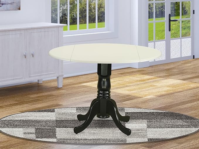 East West Furniture DLT-LBK-TP Dublin Kitchen Table - a Round Dining Table Top with Dropleaf & Pedestal Base, 42x42 Inch, Linen White & Black