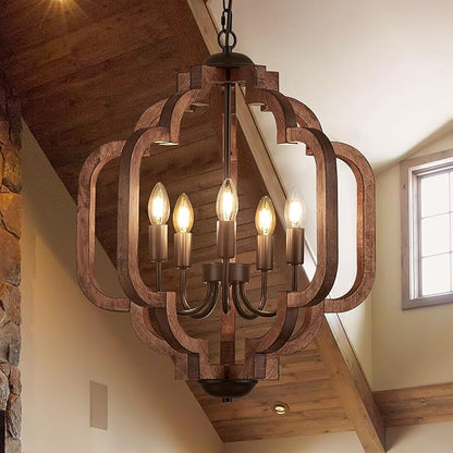 20.5" Farmhouse Vintage Chandelier 5-Light for Dining Room Rustic Handmade Wood Hanging Ceiling Pendant Light Fixture for Entryway Brown Retro Chandeliers for Kitchen Bedroom Foyer Hallway