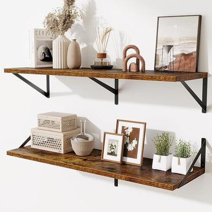 Acovy Deep Floating Shelves for Wall,36" Wx10 D Wood Wall Shelves with Metal Brackets,Hanging Storage Floating Shelf for Living Room,Bedroom,Bathroom,Office,Kitchen,Rustic Brown