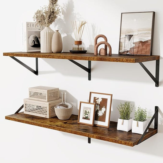 Acovy Deep Floating Shelves for Wall,36" Wx10 D Wood Wall Shelves with Metal Brackets,Hanging Storage Floating Shelf for Living Room,Bedroom,Bathroom,Office,Kitchen,Rustic Brown
