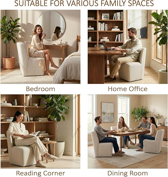 KISLOT Upholstered Dining Chairs Set of 1 with Casters, Wingback Modern Side Armless Deskchair with Rollers for Diningroom Bedroom Livingroom Reading Room, Cream Beige Fabric