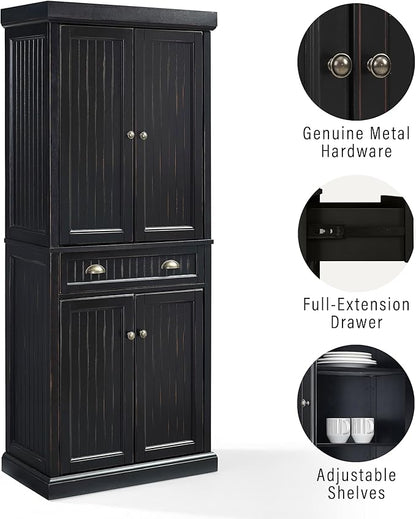 Crosley Furniture Seaside Coastal Pantry Storage Cabinet with Shelves, Kitchen, Dining, or Laundry Room, Distressed Black