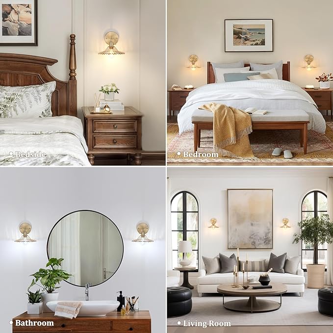Shenmoyl Vintage Wall Sconces with Amber Lotus Glass Lampshade 180 Degree Adjustable Brass Sconces Hradwired Modern Wall Lighting Fixture with Switch for Bedside Bedroom Doorway