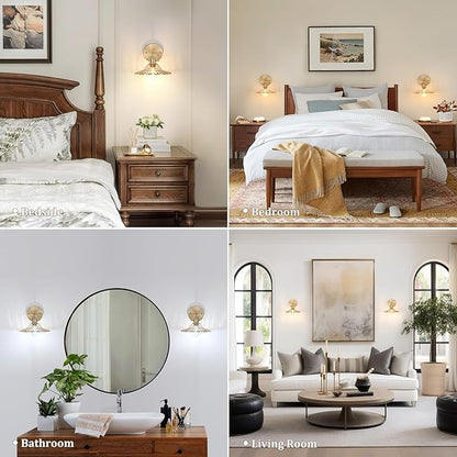 Shenmoyl Vintage Wall Sconces with Amber Lotus Glass Lampshade 180 Degree Adjustable Brass Sconces Hradwired Modern Wall Lighting Fixture with Switch for Bedside Bedroom Doorway