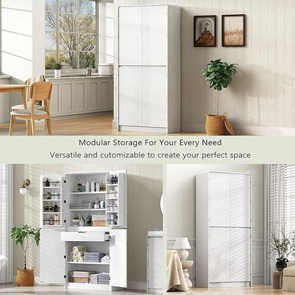 Amposei 72’’ Tall Kitchen Pantry Cabinet with Drawer & Adjustable Shelves, Modern Cupboard Storage Cabinet for Living Utility Room, White