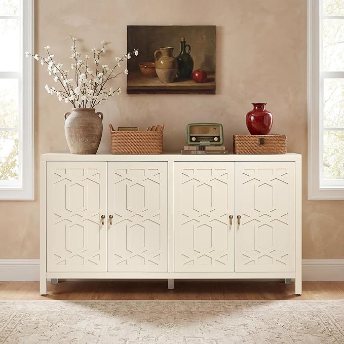 RoyalCraft Buffet Cabinet with Storage, 60" W Modern Coffee Bar Sideboard with 4 Doors & Adjustable Shelves, Painted Wooden Credenza for Dining Room, Kitchen, Living Room, Entryway, Beige