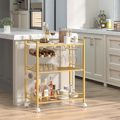 Joaxswe Bar Cart, Home Bar Serving Cart with 3-Tier Shelf,Microwave Cart with Lockable Wheels,Mobile Kitchen Shelf,Rolling Beverage Cart with Wine Rack and Glass Holder for Kitchen,Dinning Room,Gold