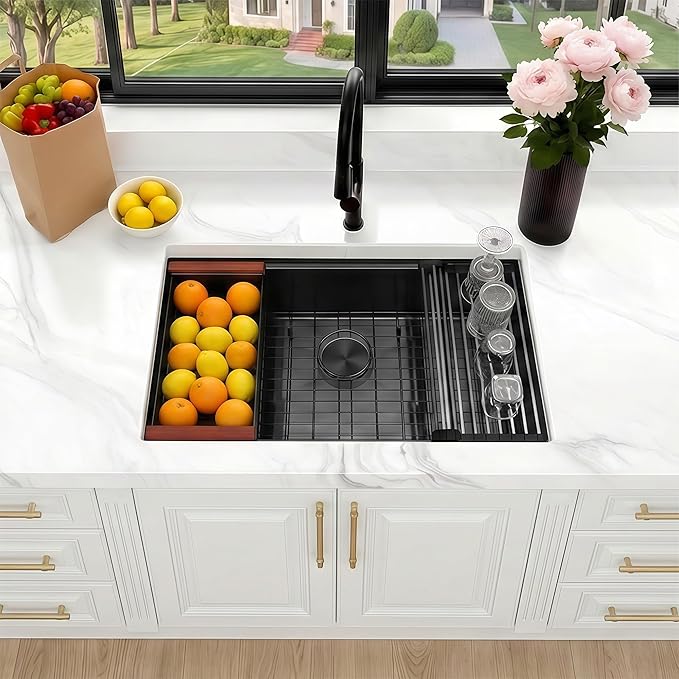 33x19 Inch Black Undermount Kitchen Sink, 16 Gauge 304 Stainless Steel Single Bowl Kitchen Sink, Workstation Sink with Accessories, 33x19x9 Large Deep Basin