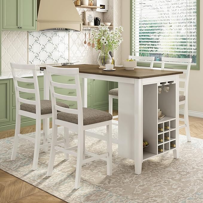 5-Piece Multi-Functional Counter Height Dining Table with 4 Chairs, Kitchen Table Set for 4, Rustic Style Dining Room Table Set with Bar Wine Compartment and Wineglass Holders, Brown + White Wash
