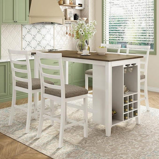 5-Piece Multi-Functional Counter Height Dining Table with 4 Chairs, Kitchen Table Set for 4, Rustic Style Dining Room Table Set with Bar Wine Compartment and Wineglass Holders, Brown + White Wash