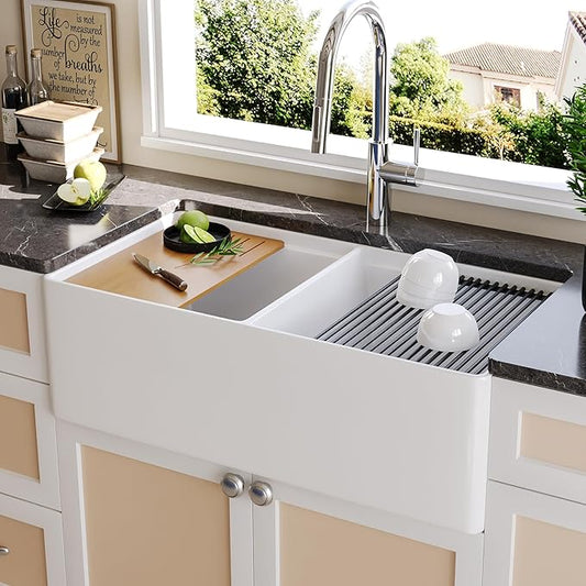 DeerValley Farmhouse Sink Workstation, 33 inch White Fireclay Apron Front Farm Sinks, Double Bowl Deep Drop-in Undermount Sink with Workstation Accessories