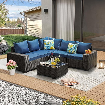 JOYURE 6 Pieces Patio Furniture Set All-Weather Outdoor Wicker Sectional Conversation Sofa Rattan Patio Seating Sofa with Cushion and Glass Table for Porch Poolside,Navy