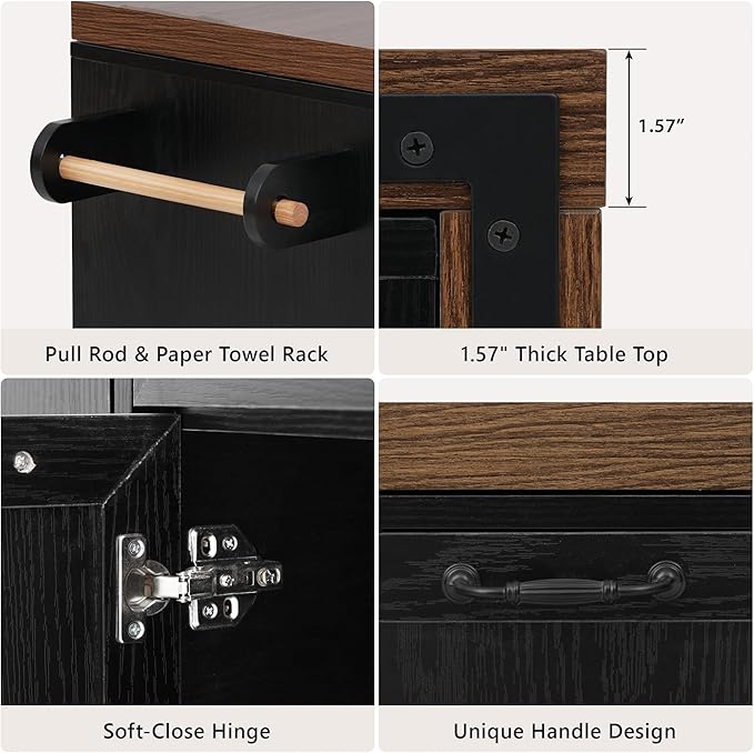 Kitchen Island with Extendable Dining Table, Rolling Kitchen Cart with Drawers and Trash Storage Cabinet, Island Mobile Dining Table on Wheels with 3-Tier Pull-Out Spice Rack for Small Space Black