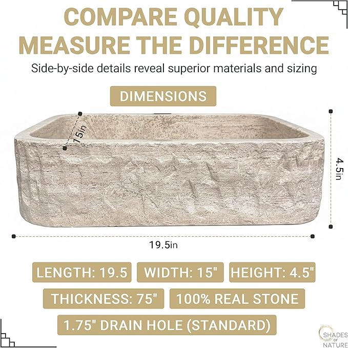 Shades of Nature Rectangular Travertine Vessel Sink, Natural Stone Wash Basin, Hand-Carved Bathroom Sink, Chiseled Exterior, Polished Interior, Above Counter Vanity (Soap Tray Included)