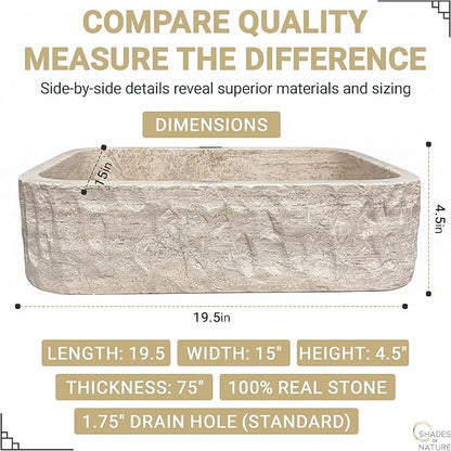Shades of Nature Rectangular Travertine Vessel Sink, Natural Stone Wash Basin, Hand-Carved Bathroom Sink, Chiseled Exterior, Polished Interior, Above Counter Vanity (Soap Tray Included)