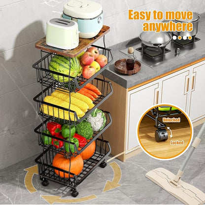 Gsiekare Fruit Vegetable Basket for Kitchen, 5 Tier Stackable Fruit Vegetable Storage Baskets with Wheels, Metal Wire Storage Basket Organizer Baskets for Kitchen, Pantry, Bathroom