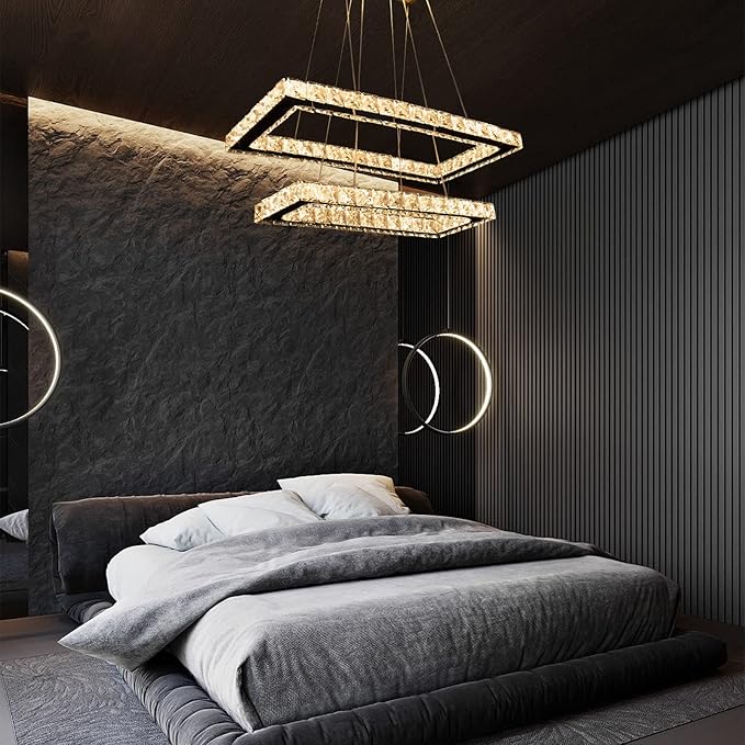 Dimmable Crystal Chandelier, Modern Rectangular 2 Ring LED Pendant Light with Remote & App Control, 20.5"+17" Adjustable Hanging Height, 3 CCT 2500K/4500K/6500K, Kitchen Island Dining Room