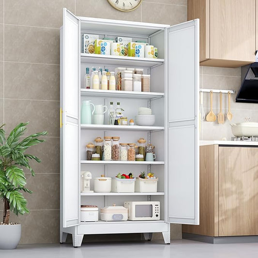 PAOFIN Kitchen Pantry Storage Cabinet with Doors and Adjustable Shelves, Metal ClosetMaid Food Pantry Cabinets, 75" Tall Freestanding Cupboard for Kitchen, Laundry or Utility Room, White