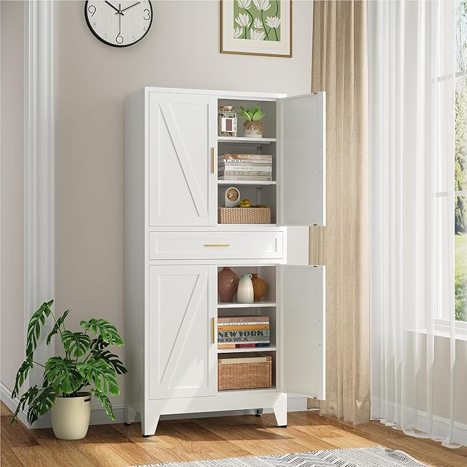 Bevivog Metal Storage Cabinet with Drawers, Tall Cabinets with Doors and Shelves, 4 Doors High Storage Cabinet for Office/Pantry/Living Room