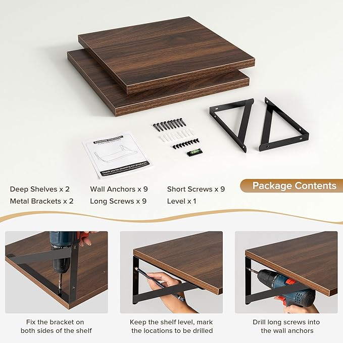 Acovy Deep Floating Shelves Wall Mounted, 12"x12" Walnut Wall Shelves with Brackets Set of 2 for Bedroom, Living Room, Bathroom, Kitchen, Office - Storage & Display Shelf for Decor, Books, Plants