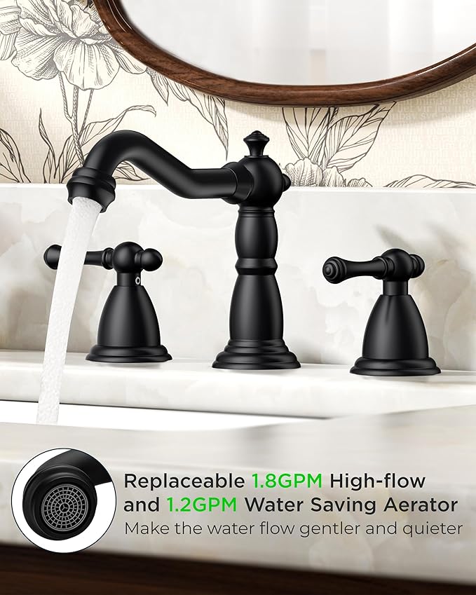 FORIOUS Matte Black Bathroom Faucets 3 Hole, Widespread Bathoom Sink Faucet Dual Handle with Pop-Up Drain and Water Supplies for Commercial Vanity Lavatory Restroom Farmhouse