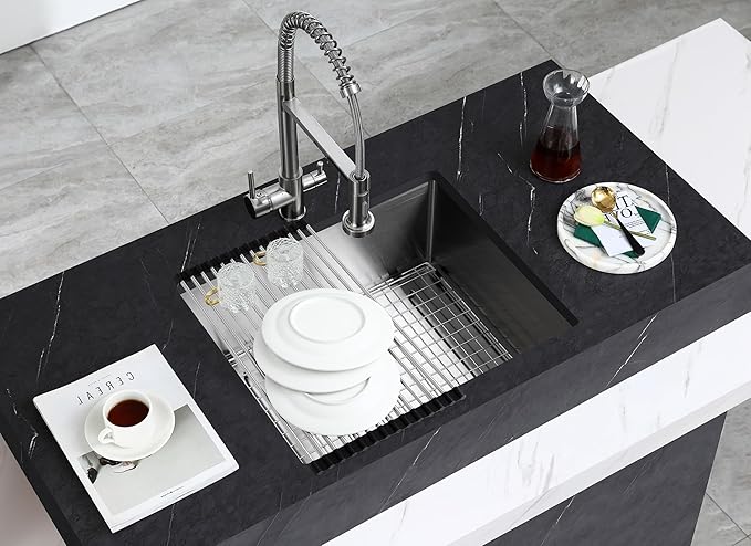 MENATT 25x18 Inch Undermount Kitchen Sink, T-304 Stainless Steel Single Bowl with 3mm Thickened Flange & Roll-up Drying Rack, 9" Deep for Laundry, RV, Indoor/Outdoor Use