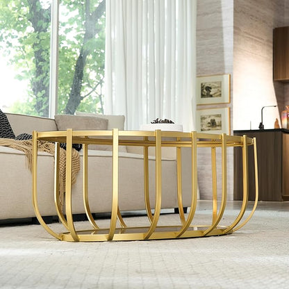 Saint Mossi Glass Oavl Coffee Table for Living Room, Mid Century Modern 2-Tier Gold Center Table, Brown Glass Top and Brown Mirror Shelf with Gold Finish Legs & Frame, D42xW23xH16