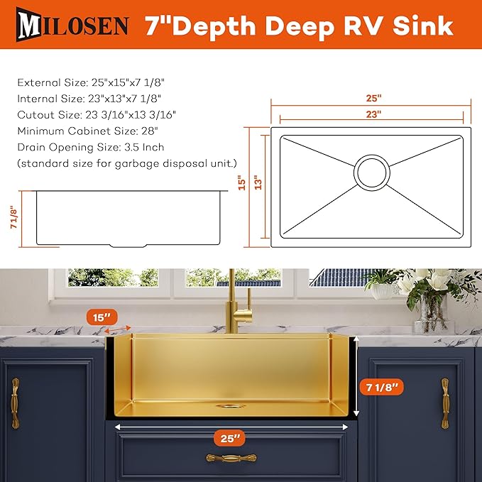 MILOSEN Gold RV Kitchen Sink, 25×15 inch 16 Gauge T304 Stainless Steel Undermount RV Sink with Basket Strainer, Gold Outdoor Camper Sinks, 7'' Depth Deep Single Bowl Laundry Basin